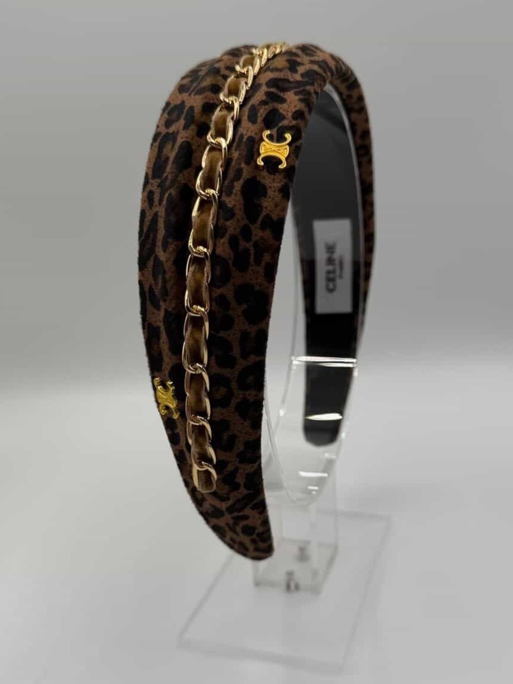 Handmade Upcycled Celine Leopard Print Headband with Gold Chain Accent